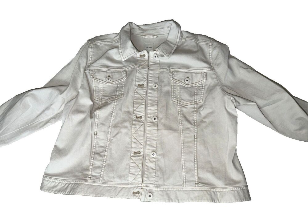 J. Jill Denim Jean Jacket Size L Long Sleeve Button White Pockets Stretch